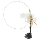 White feather cat toy with a circular wire, black base, and dangling feathers. Interactive pet toy for playful cats. Durable and engaging design.