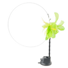 Interactive cat toy with green feathers and a circular wire, designed for playful exercise and entertainment. Perfect for active indoor cats.