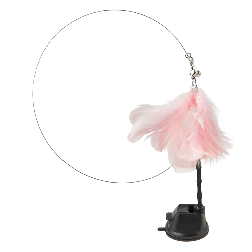 Pink feather cat toy with suction cup base and wire, interactive pet play accessory for exercise and entertainment, durable and engaging design.