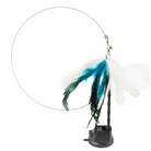 Cat toy with white and teal feathers on a black base, featuring a circular wire for interactive play. Perfect for pet entertainment and exercise.