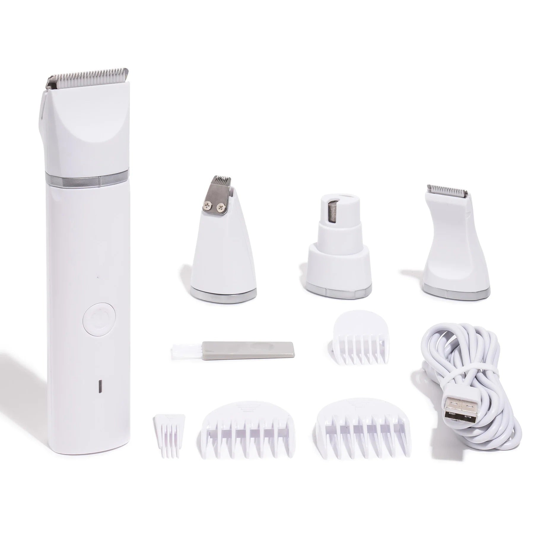 White cordless hair trimmer set with multiple attachments, USB charging cable, and comb guides. Ideal for grooming, versatile styling, and precision cutting.