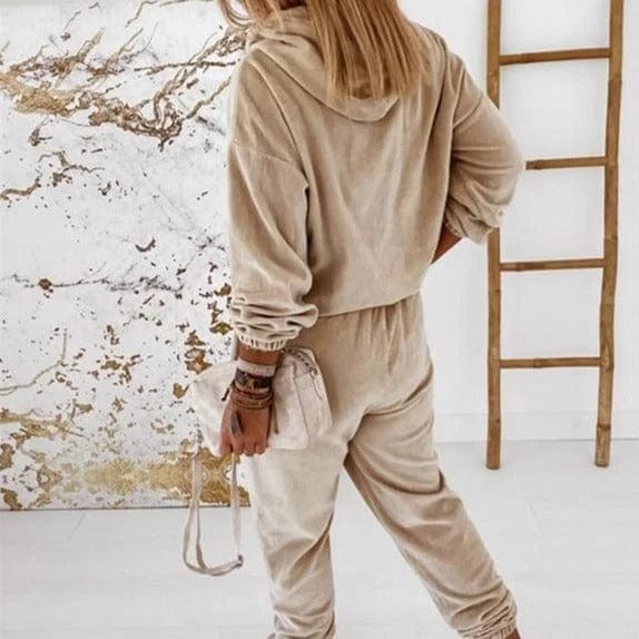 Beige velour sweatshirt set for women, featuring a cozy hoodie and jogger pants. Perfect for casual wear, loungewear, or athleisure fashion.
