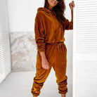 Woman wearing a brown velour sweatshirt set with hood and jogger pants, standing indoors. Fashionable loungewear, cozy outfit, casual style.