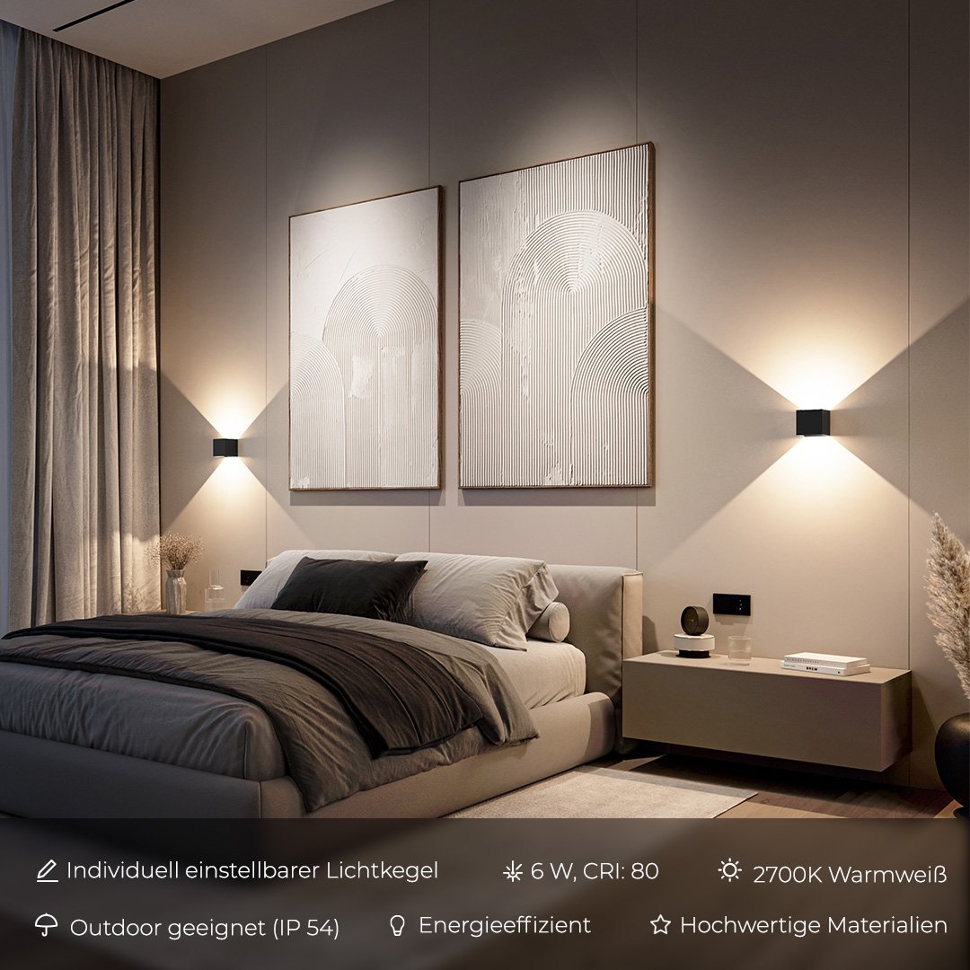 Modern bedroom with Xena LED wall lights, adjustable light cone, 2700K warm white, energy-efficient, IP54 outdoor suitable, high-quality materials.