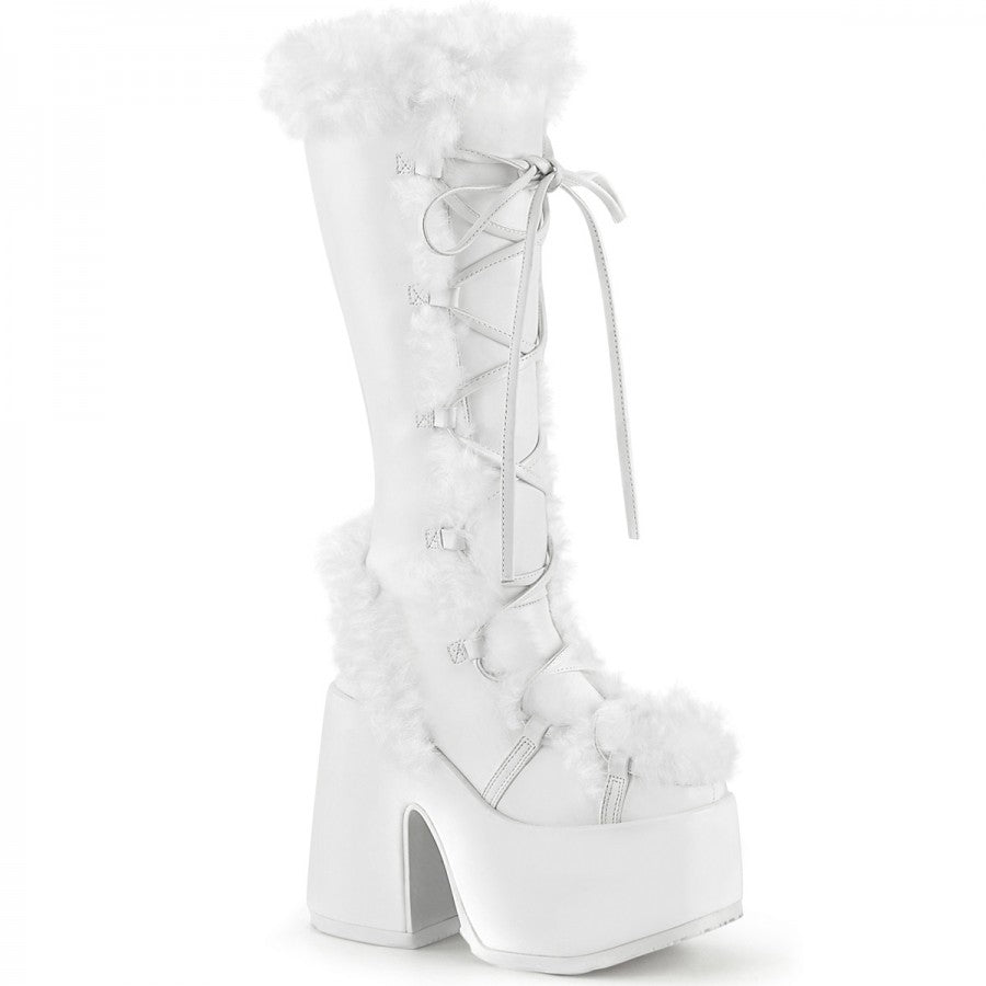 White fur-trimmed platform boot with laces, camel color, high heel, trendy winter footwear, stylish fashion accessory, women's boots.