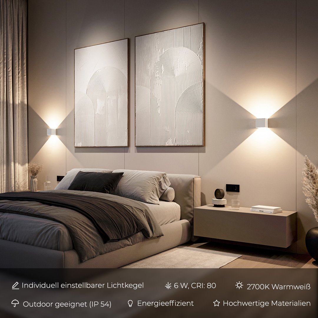 Modern bedroom with two white wall-mounted LED lights, energy-efficient, 2700K warm white, IP54 rated for outdoor use, enhancing minimalist decor.