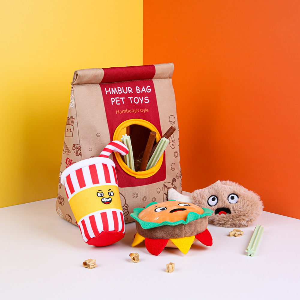 Hamburger-themed pet toy set with plush burger, fries, and drink, in a playful fast-food design. Ideal for interactive pet play and entertainment.