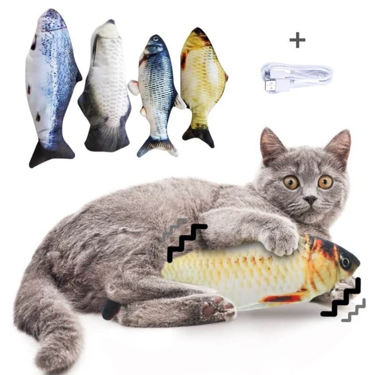 Cat playing with realistic flopping fish toy, USB rechargeable, interactive pet toy for cats, includes multiple fish designs, fun and engaging.