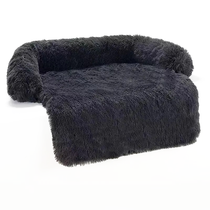 Black faux fur pet bed with raised sides, plush texture, and cozy design. Ideal for cats and small dogs. Comfortable, stylish, and machine washable.